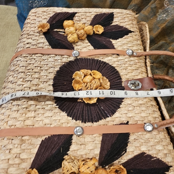 Vtg Straw XL Bag 18" Floral Raffia Tote 60s 70s Tiki Boho Large Purse - Picture 12 of 15